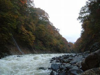 吾妻川。右手前に巨大な溶岩塊がある